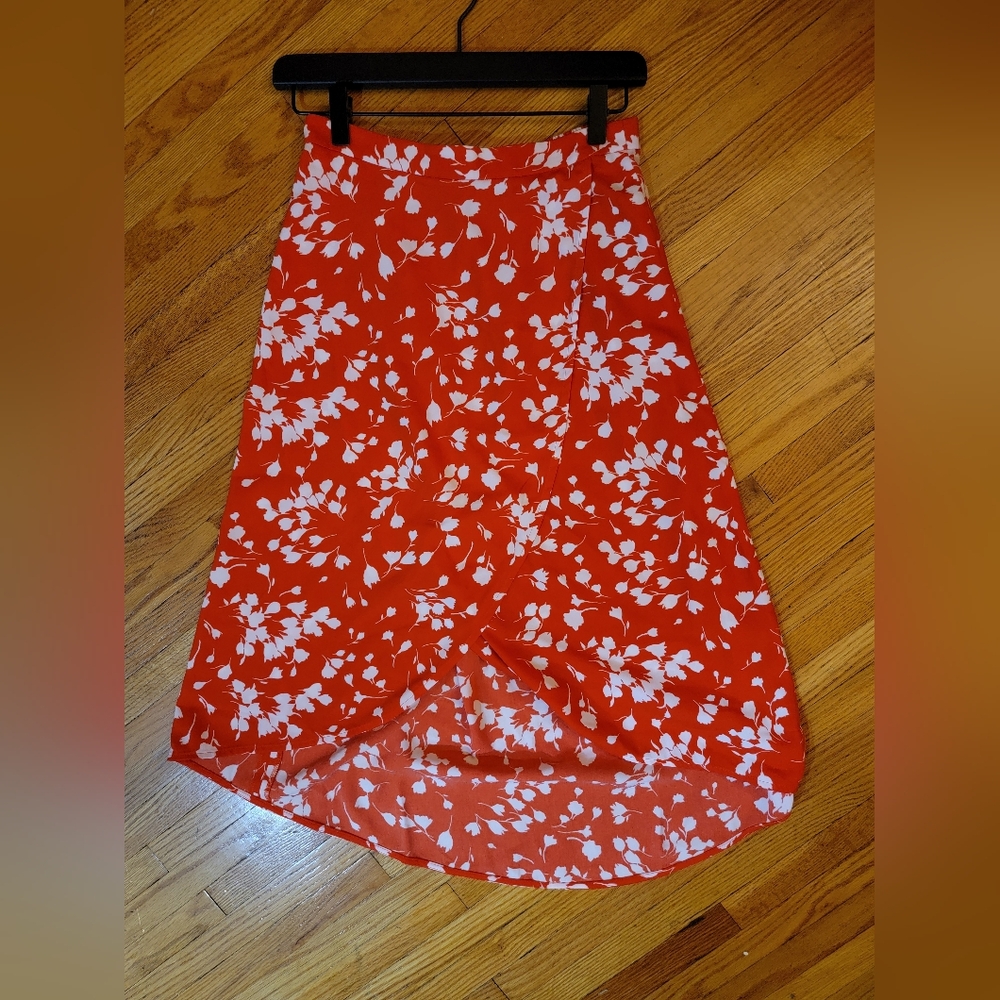 J. Crew red floral wrap midi skirt